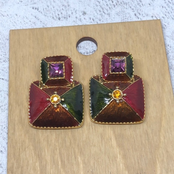 vintage Jewelry - Vintage enamel bejeweled rhinestones statement earrings geometric double square